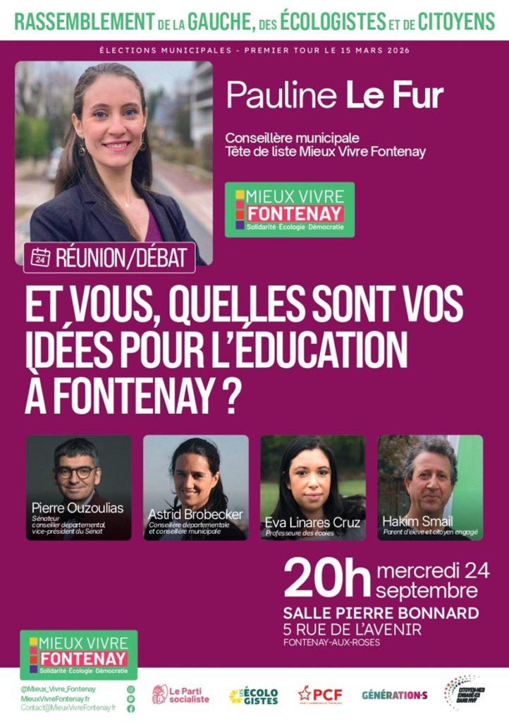 Pauline Le Fur et le collectif Mieux Vivre Fontenay vous invitent à sa réunion de rentrée : « Et vous, quelles sont vos idées pour l’éducation à Fontenay ? »